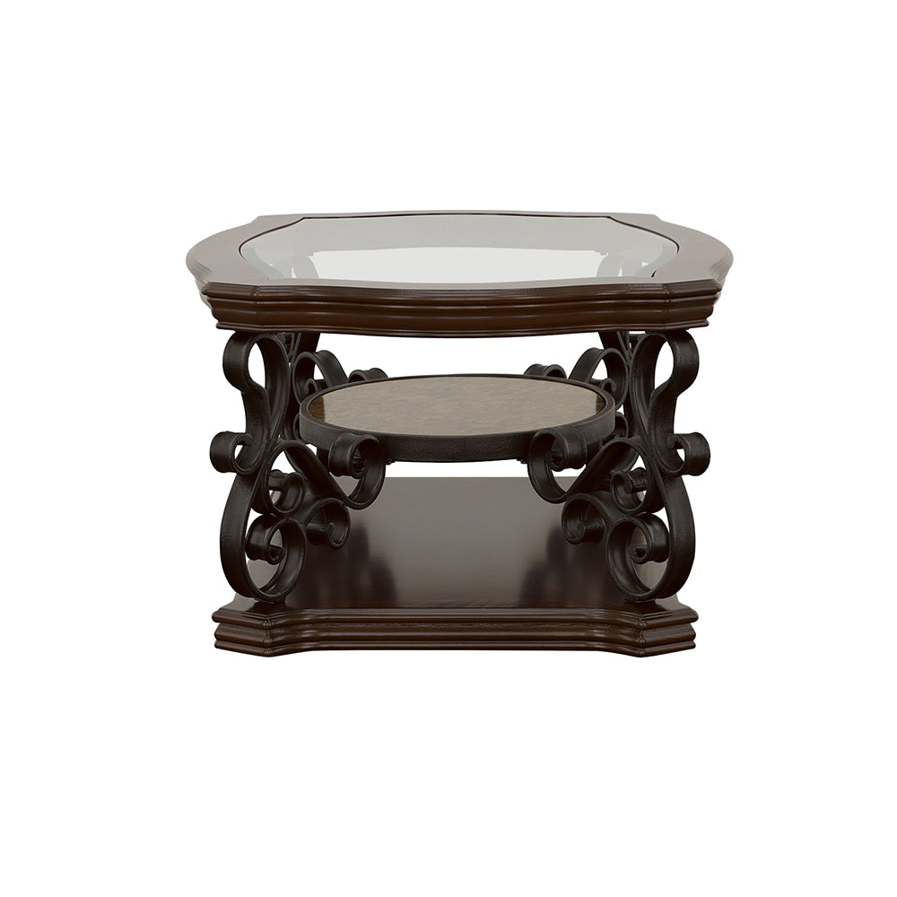 Traditional Coffee Table With Ornate Metal Base and Glass Top in Deep Merlot