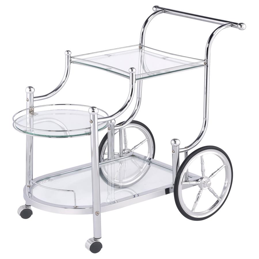 3-Tier Wheeled Recreation Game Room Serving Cart with Finials, Chrome and Clear