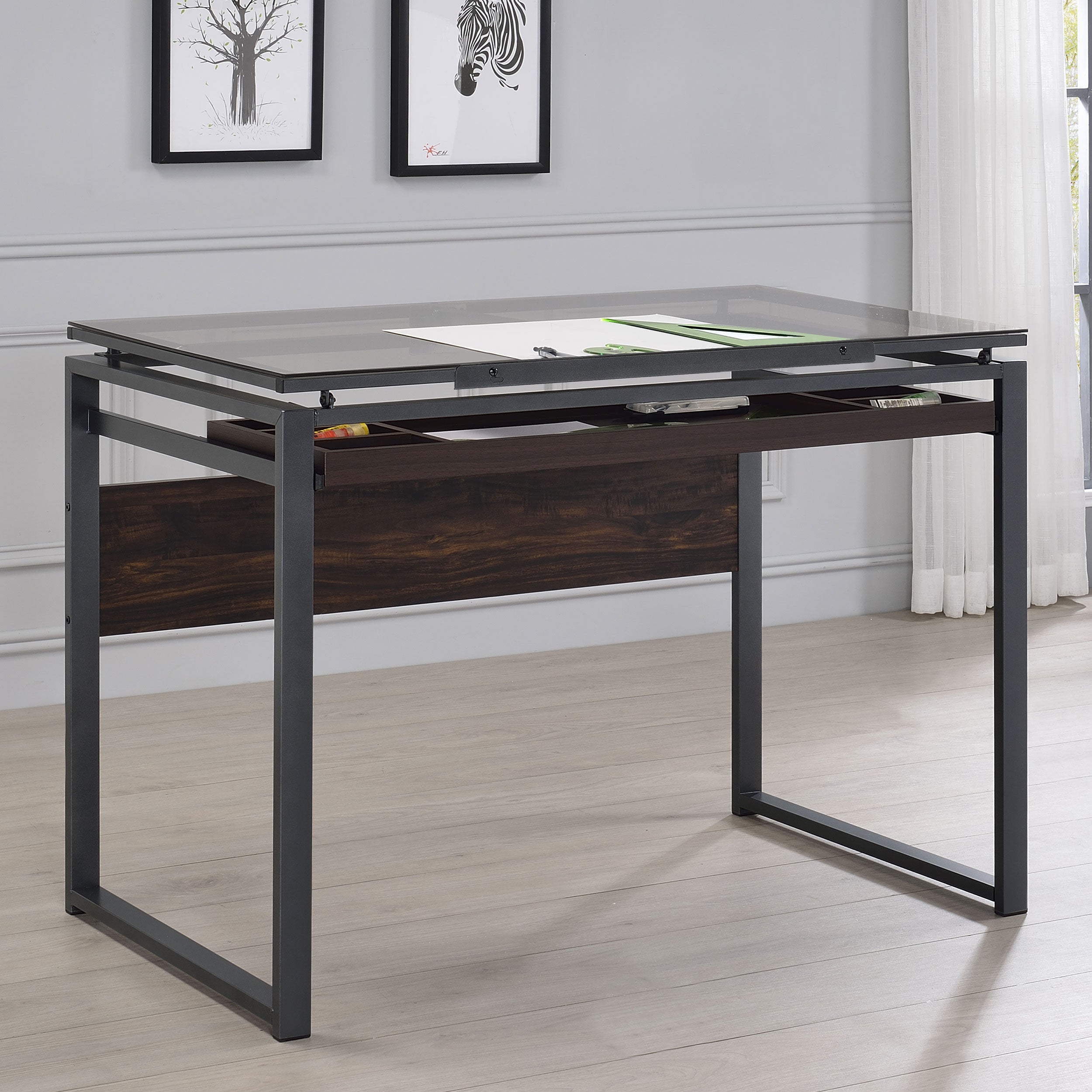 Pantano Glass Top Drafting Desk Dark Gunmetal and Chestnut