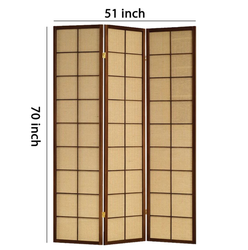 3 Panel Wooden Screen Room Divider with Jute Inlay Brown Cherry