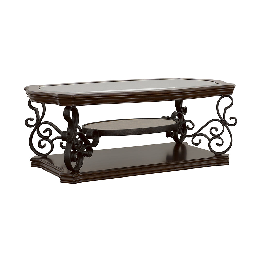 Traditional Coffee Table With Ornate Metal Base and Glass Top in Deep Merlot