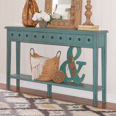 Powell Sadie Teal Long Accent Sofa Table Consiole With Drawers