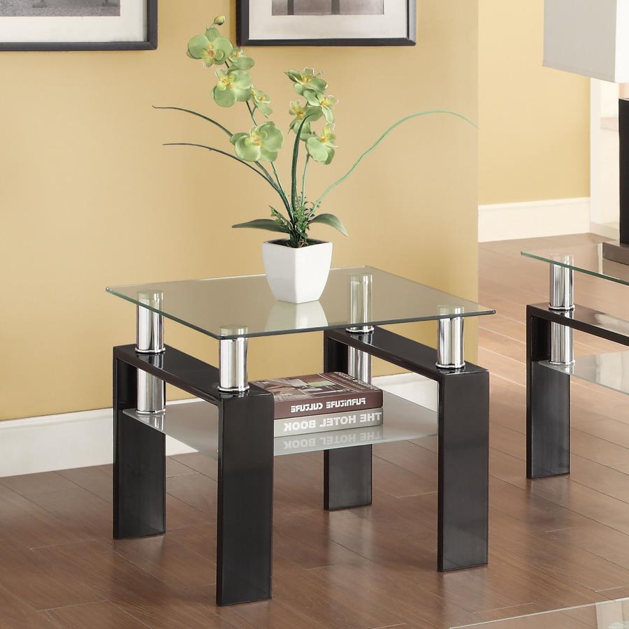 Coaster Tempered Glass Square End Table with Shelf Black and Clear