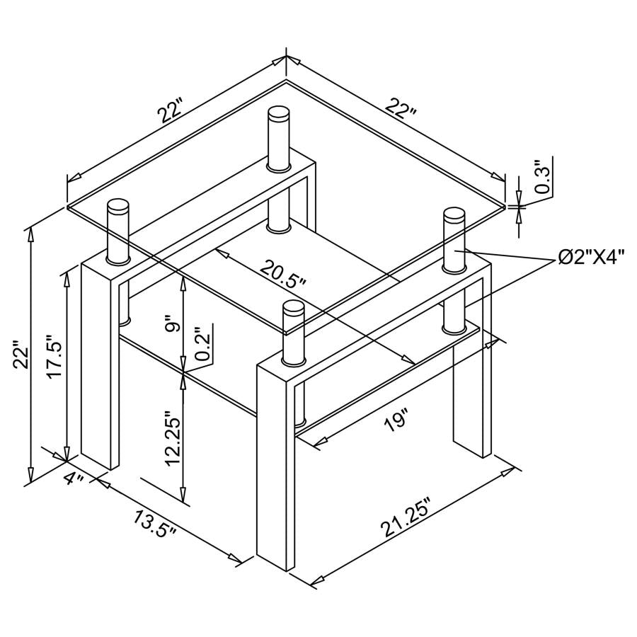 Coaster Tempered Glass Square End Table with Shelf Black and Clear