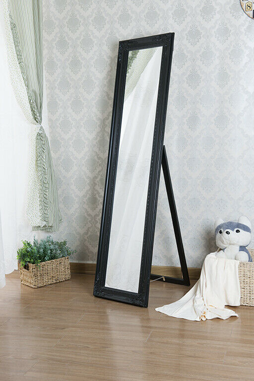 Full Length Black Wooden Standing Mirror with Ornamental Design Easel Back Stand