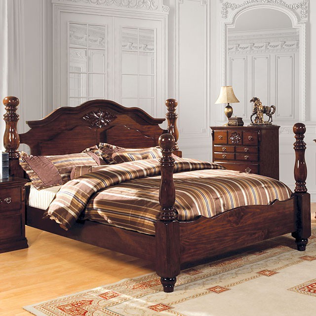 Traditional Scarlette Queen Classic Four Poster Bed in Glossy Dark Pine