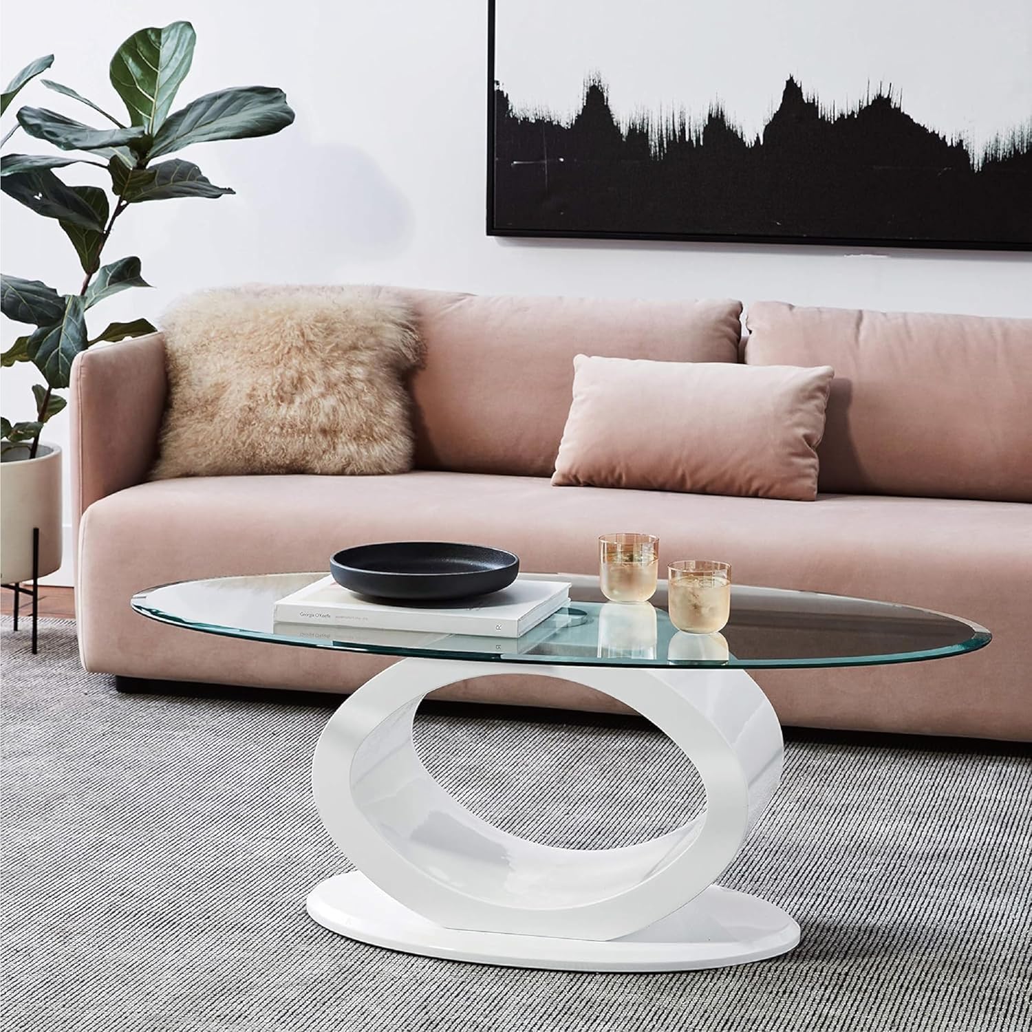 Contemporary O shaped Oval Glass Top Coffee Table In White