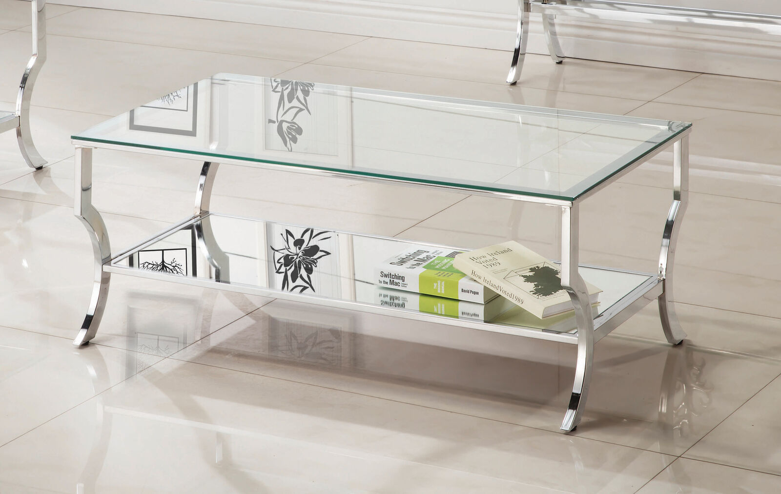 3 PC Modern Glam Occasional Coffee Table Set With Mirrored Shelf In Chrome