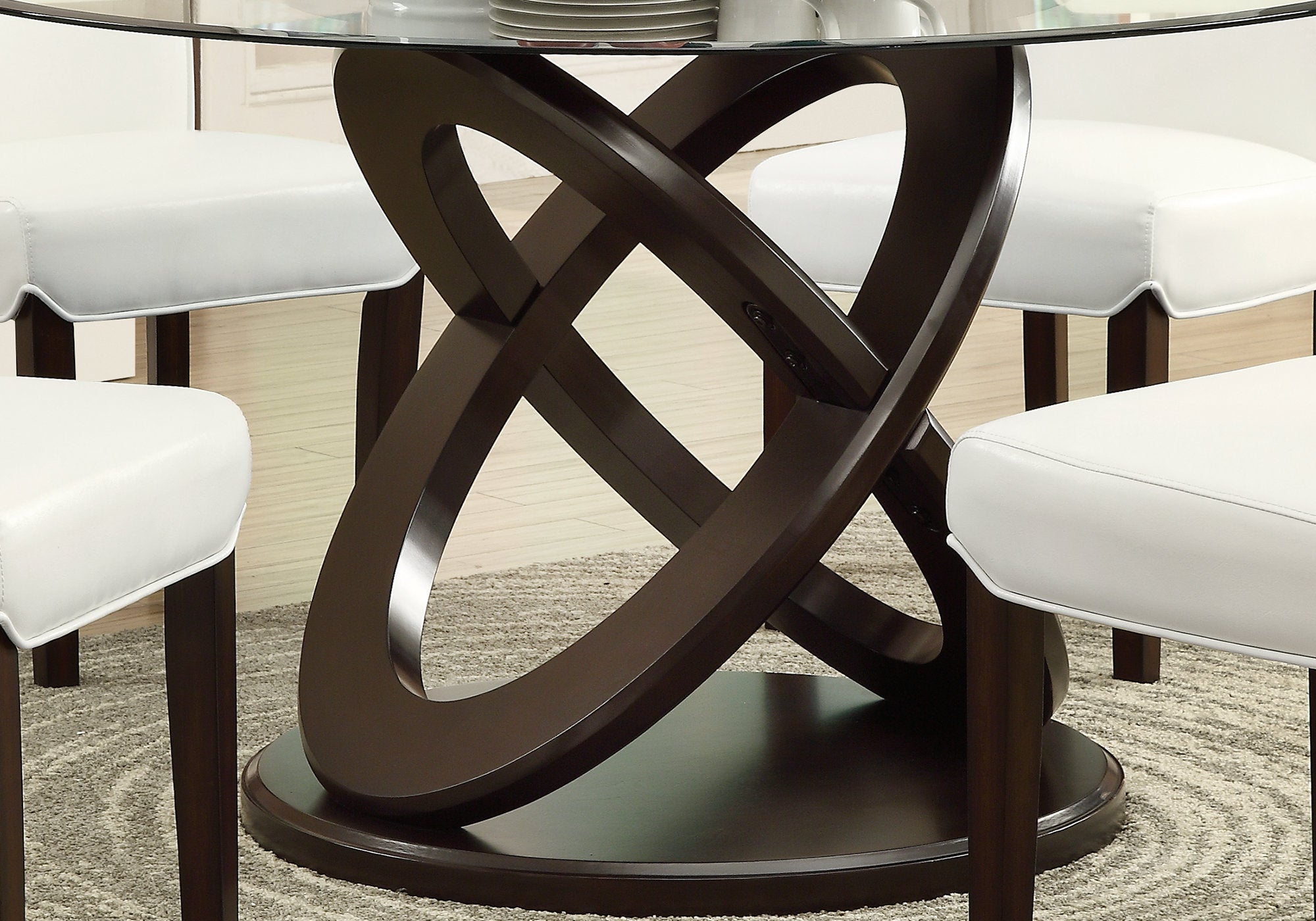 48" Glass Top Dining Table with Double Ring Geomatric Base in Espresso Finish