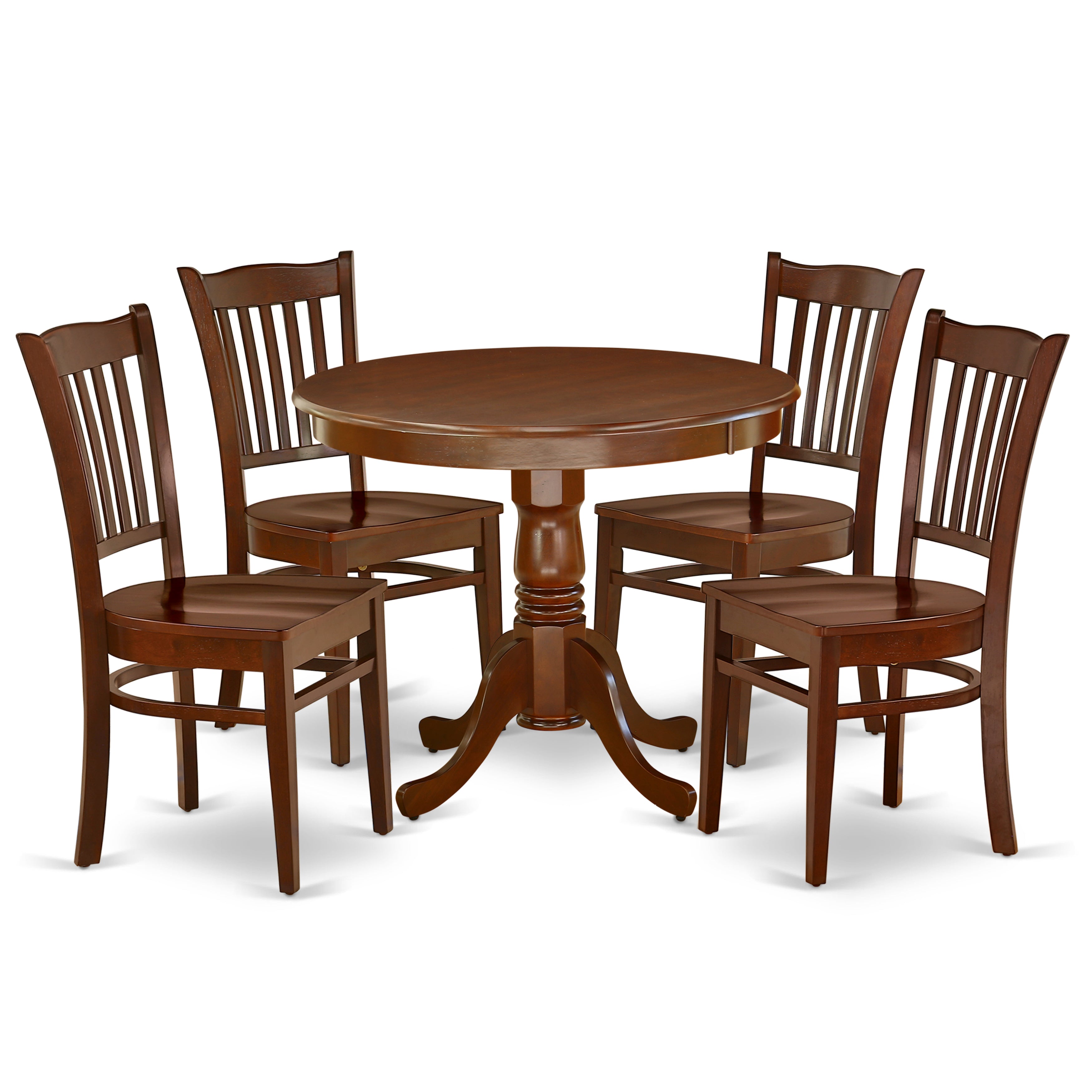 ANGR5-MAH-W 5Pc Rounded 36 Inch Kitchen Table And 4 Wood Seat Dining Chairs