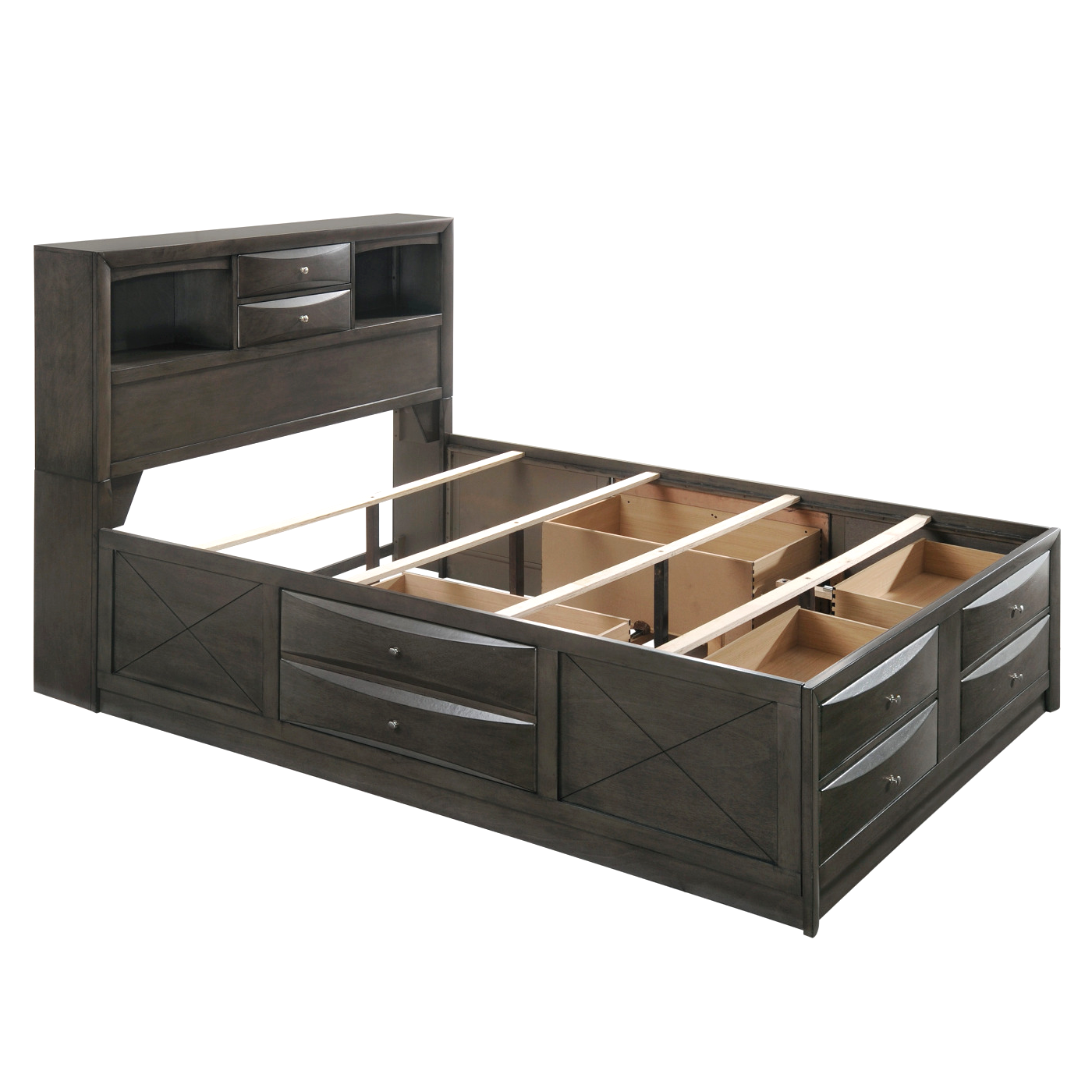 Emilia Transitional Queen Bookcase Bed with 8 Storage Drawers In Grey