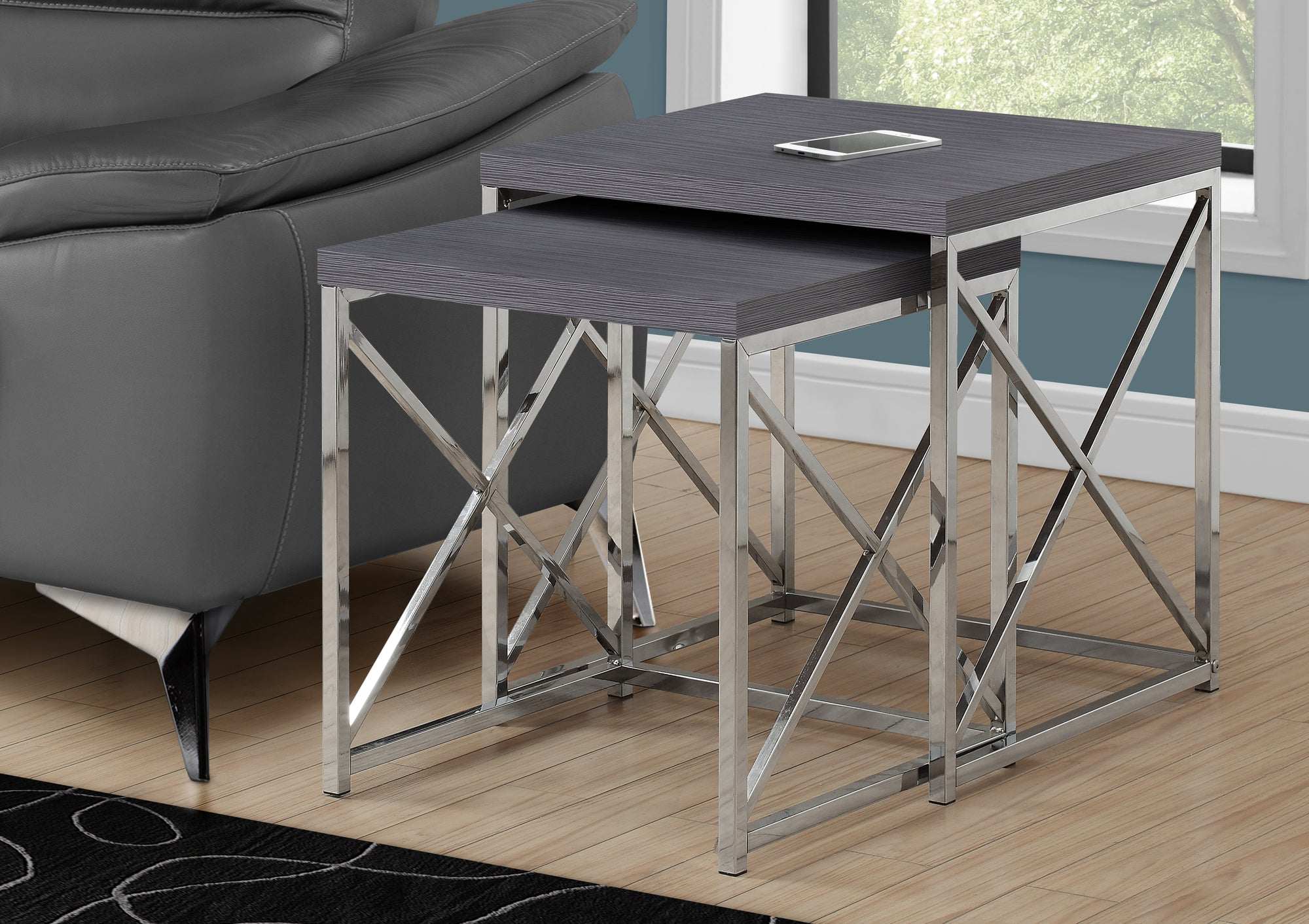 X Base Contemporary 2 Pc Set of nesting tables In Gray / Chrome