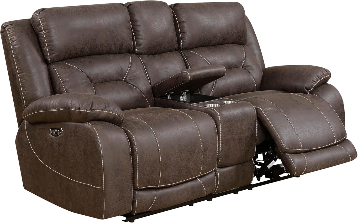 Aria Dual-Power Love Seat with Memory Gel Foam, Power Features, and USB Port in Saddle Brown