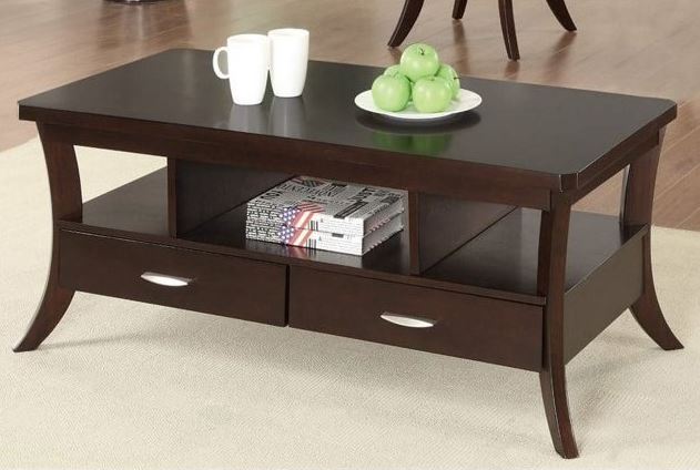 Transitional Espresso Coffee Table with Flared Legs and 2 Drawers
