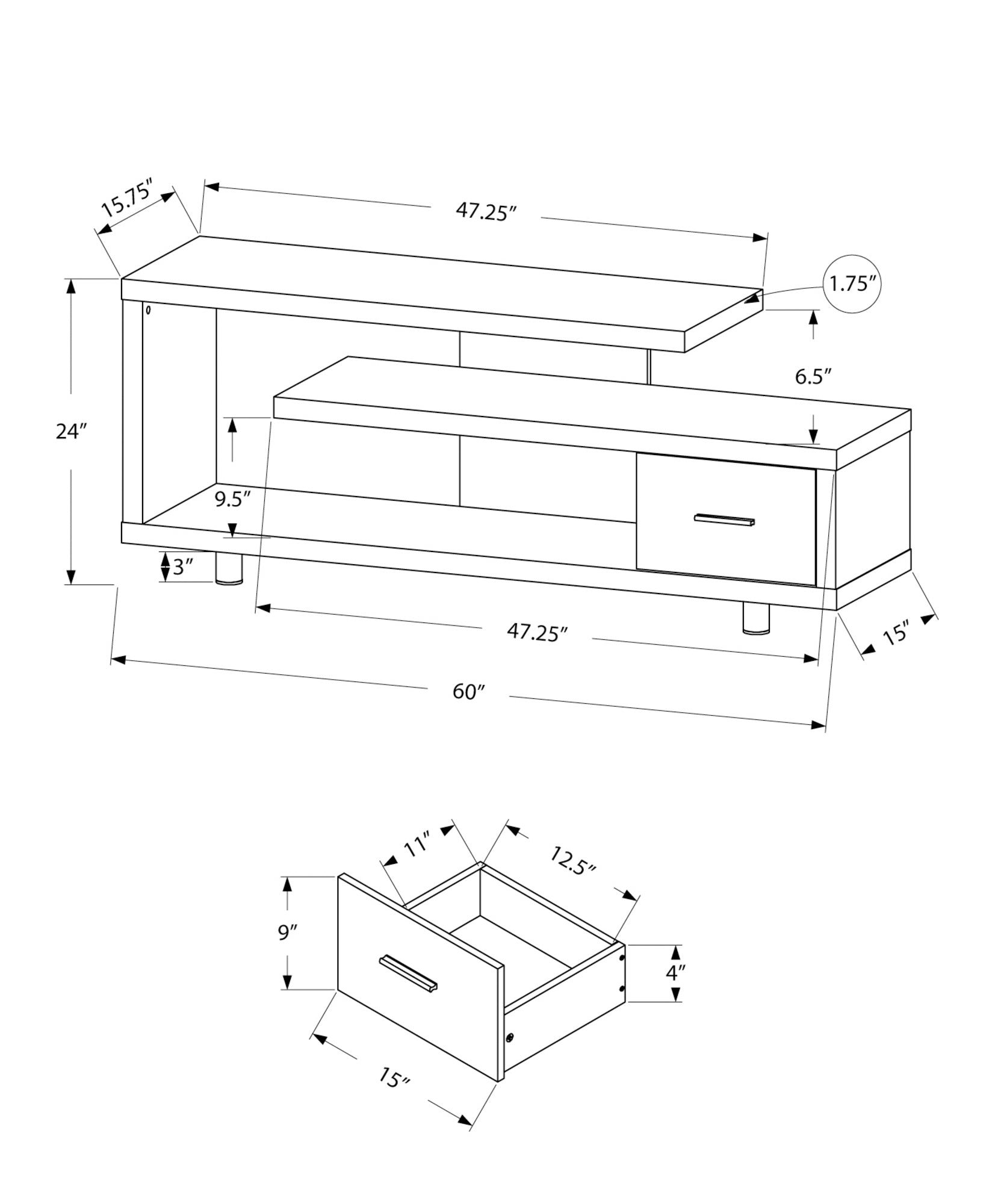 60" L Contemporary TV Media Stand with Drawer In Glossy White