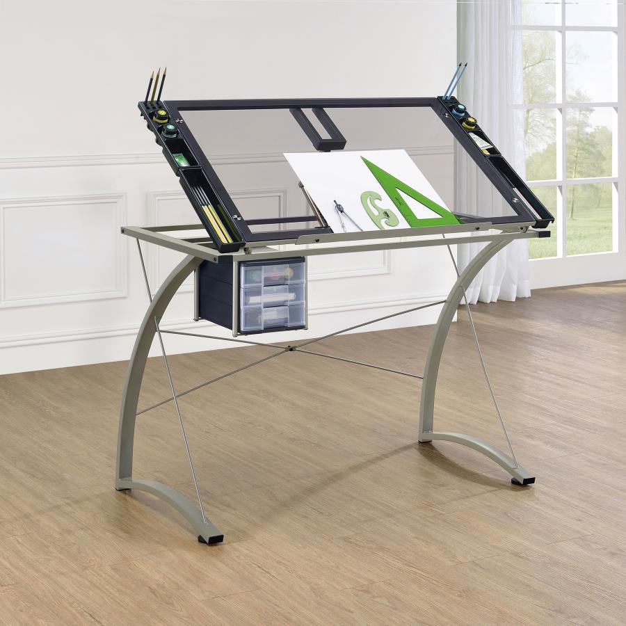 Melo 41-inch Glass Top Drafting Table with Storage In Silver