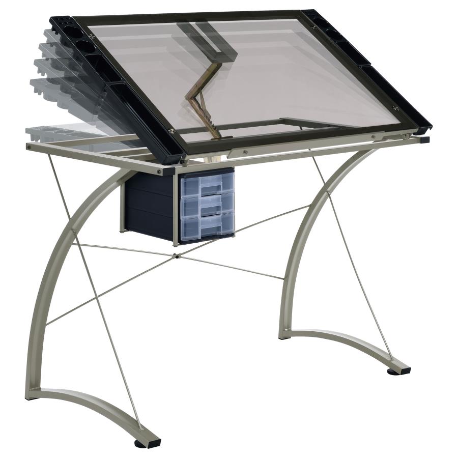 Melo 41-inch Glass Top Drafting Table with Storage In Silver