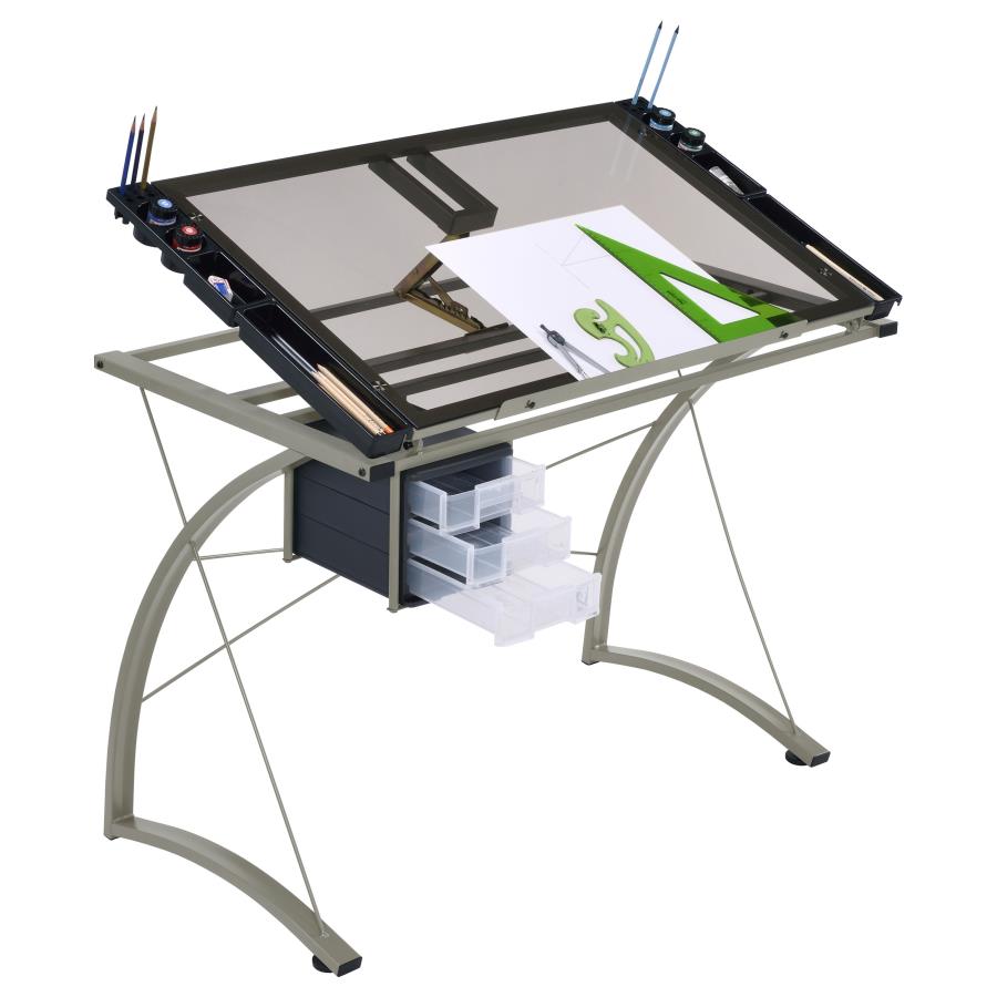 Melo 41-inch Glass Top Drafting Table with Storage In Silver