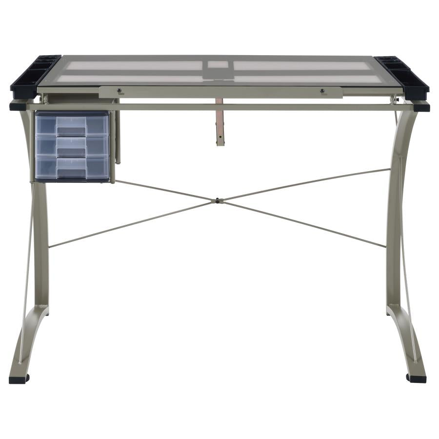 Melo 41-inch Glass Top Drafting Table with Storage In Silver