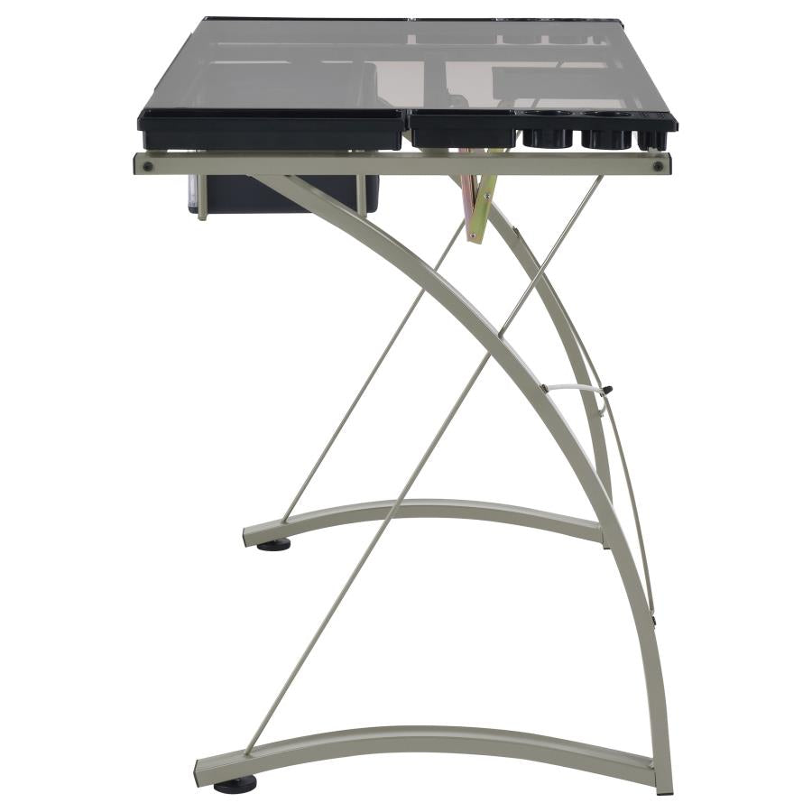 Melo 41-inch Glass Top Drafting Table with Storage In Silver