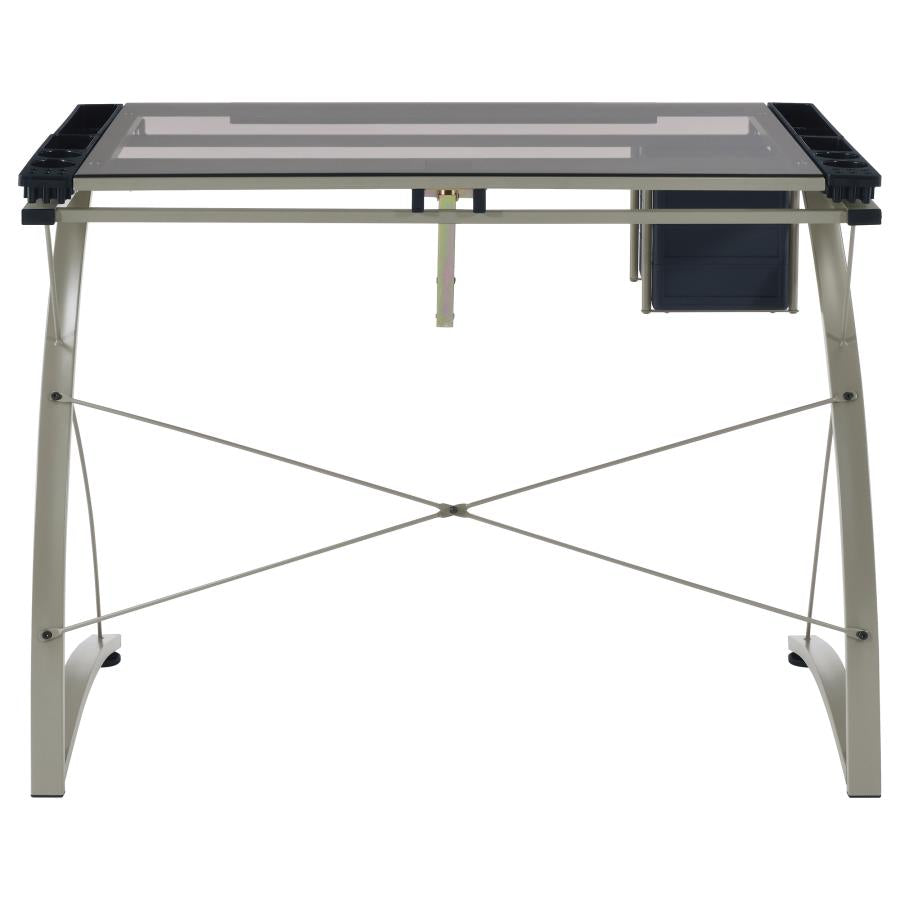 Melo 41-inch Glass Top Drafting Table with Storage In Silver