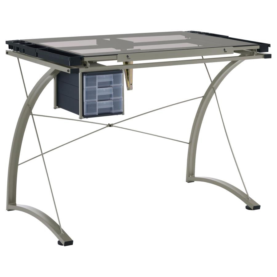 Melo 41-inch Glass Top Drafting Table with Storage In Silver