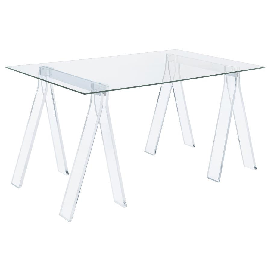 Amaturo Contemporary Clear Glass Top Acrylic Sawhorse Writing Desk