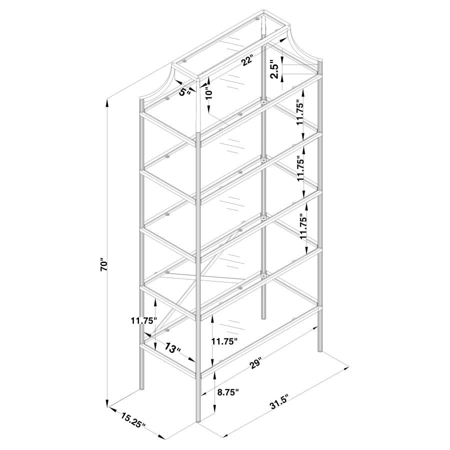 Modern 5-Tier Tempered Glass Shelves Bookcase Shelf Matte Gold