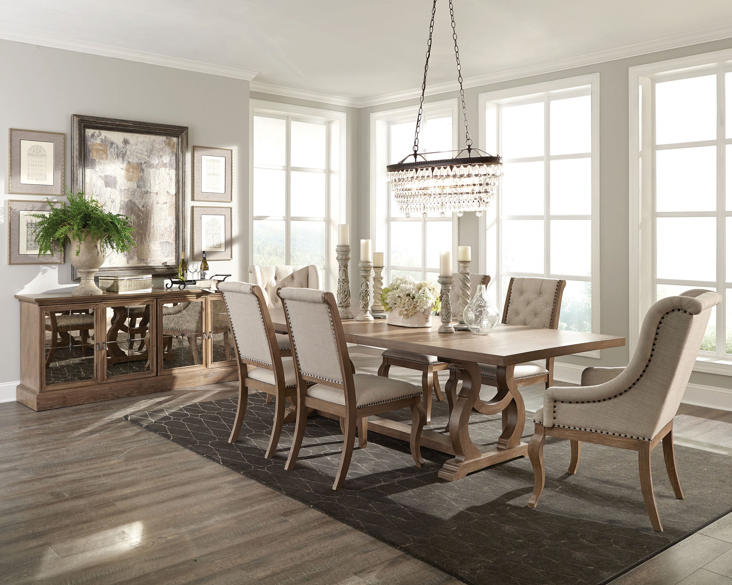 Transitional Brockway Trestle 104" Extemsion Dining Table in Barley Brown