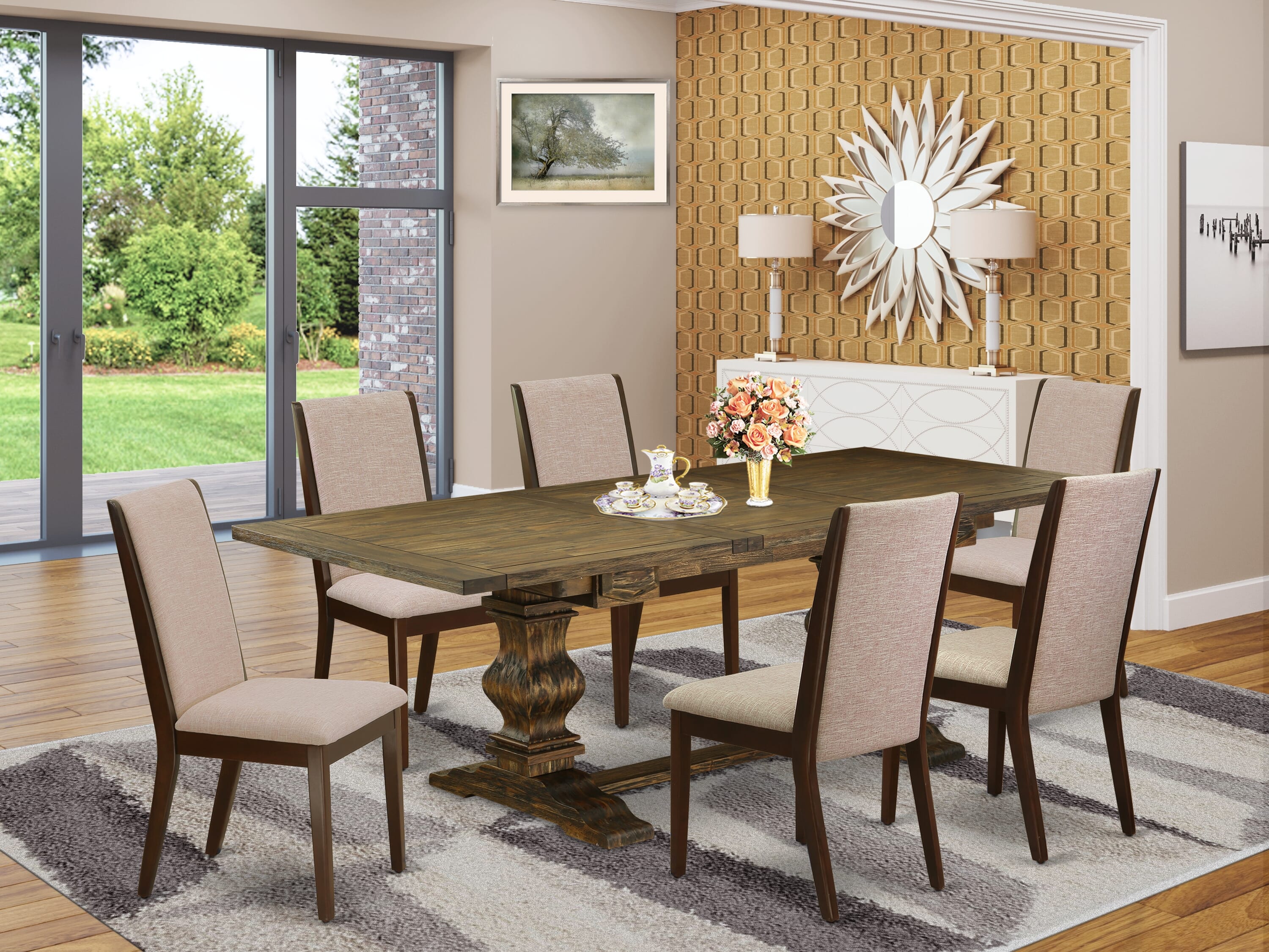 7-piece Lassale Double Pedestal Wood Dining Set in Jacobean Brown/Light Tan