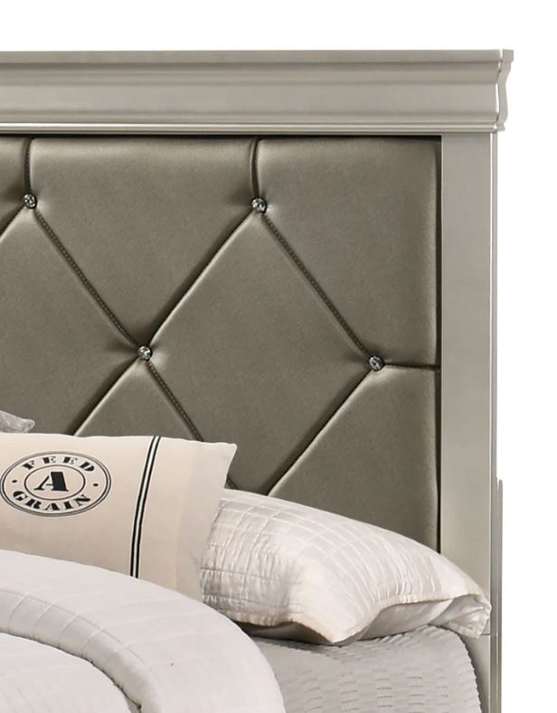 5 piece Amalia Queen Champagne Silver Upholstered Panel Bedroom Set