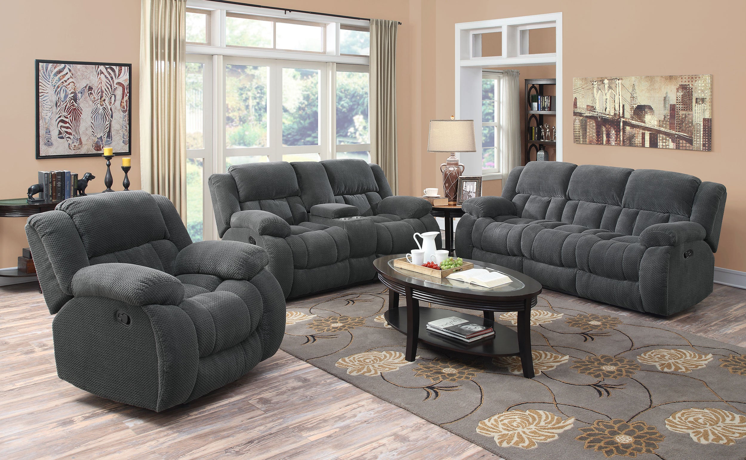 3 PC Weissman Upholstered Tufted Reclining Sofa Love Seat Recliner Living Room Set In Gray