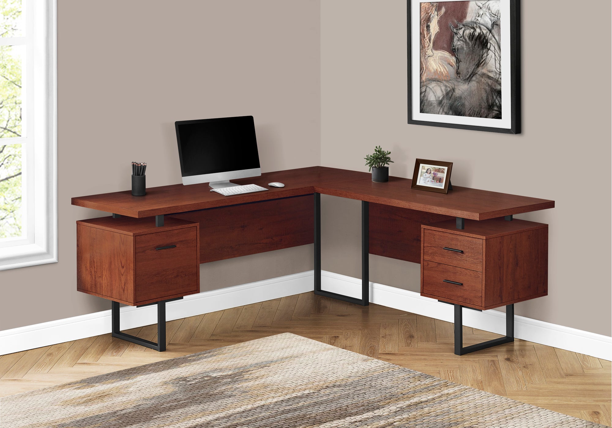 70" Reversible L shaped Hollow Core Home Office Desk With Drawers In Cherry Black