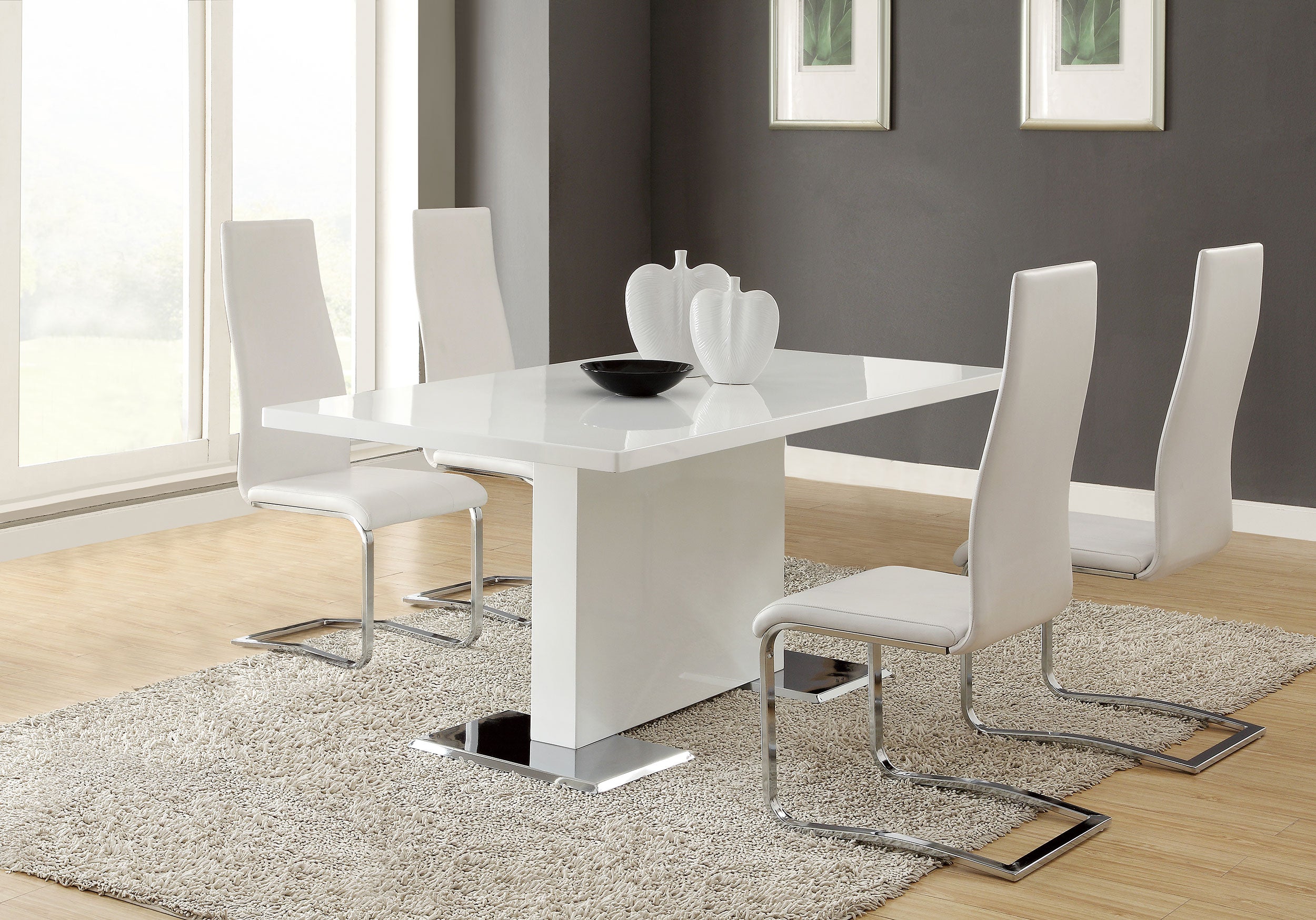 5 PC Contemporary High Gloss White Dining Room Set With Leatheratte Chairs
