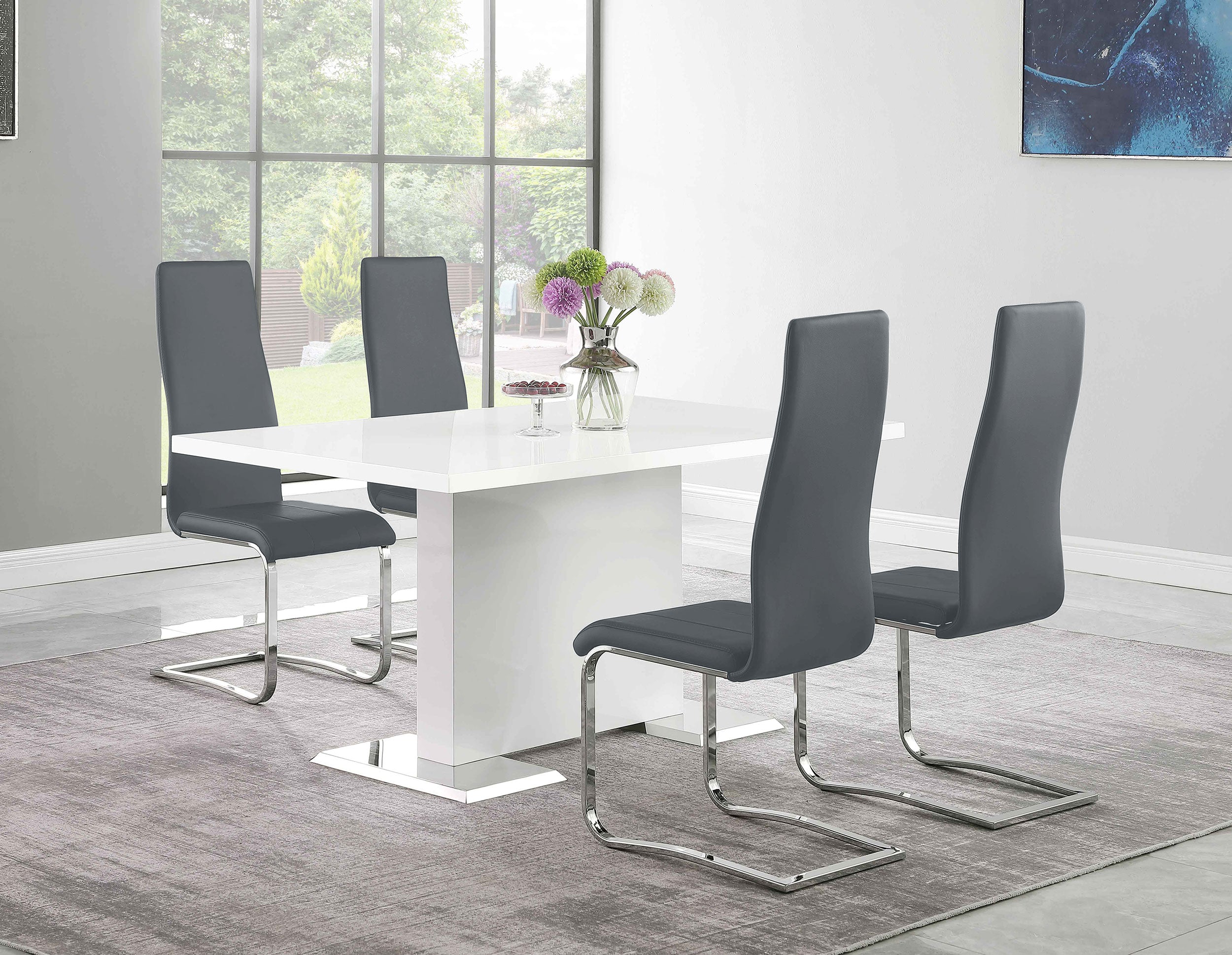 5 PC Contemporary High Gloss White Dining Room Set Gray Leatheratte Chairs