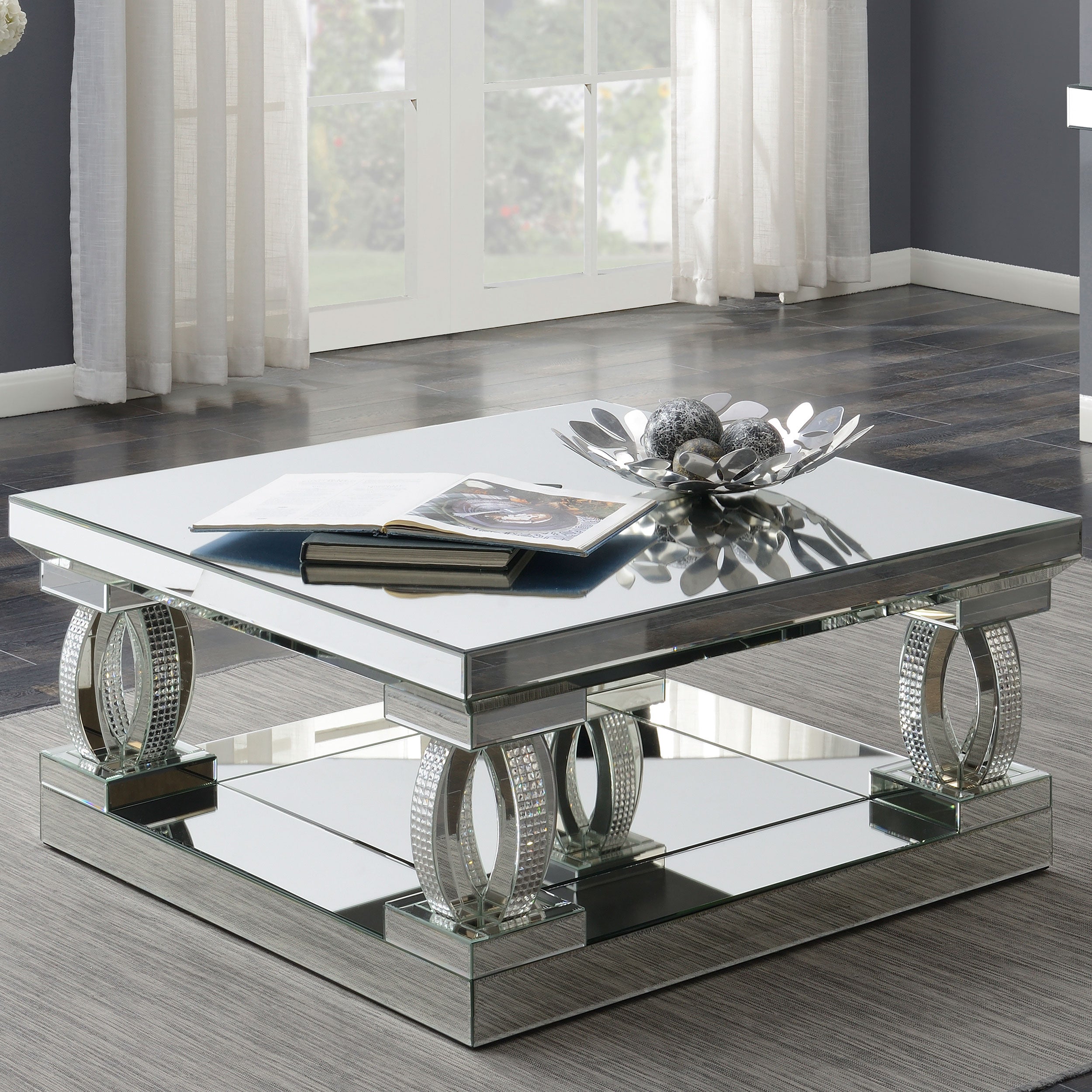 Modern Glam Mirrored Glass Top Acrylic Cocktail Coffee table With Shelf