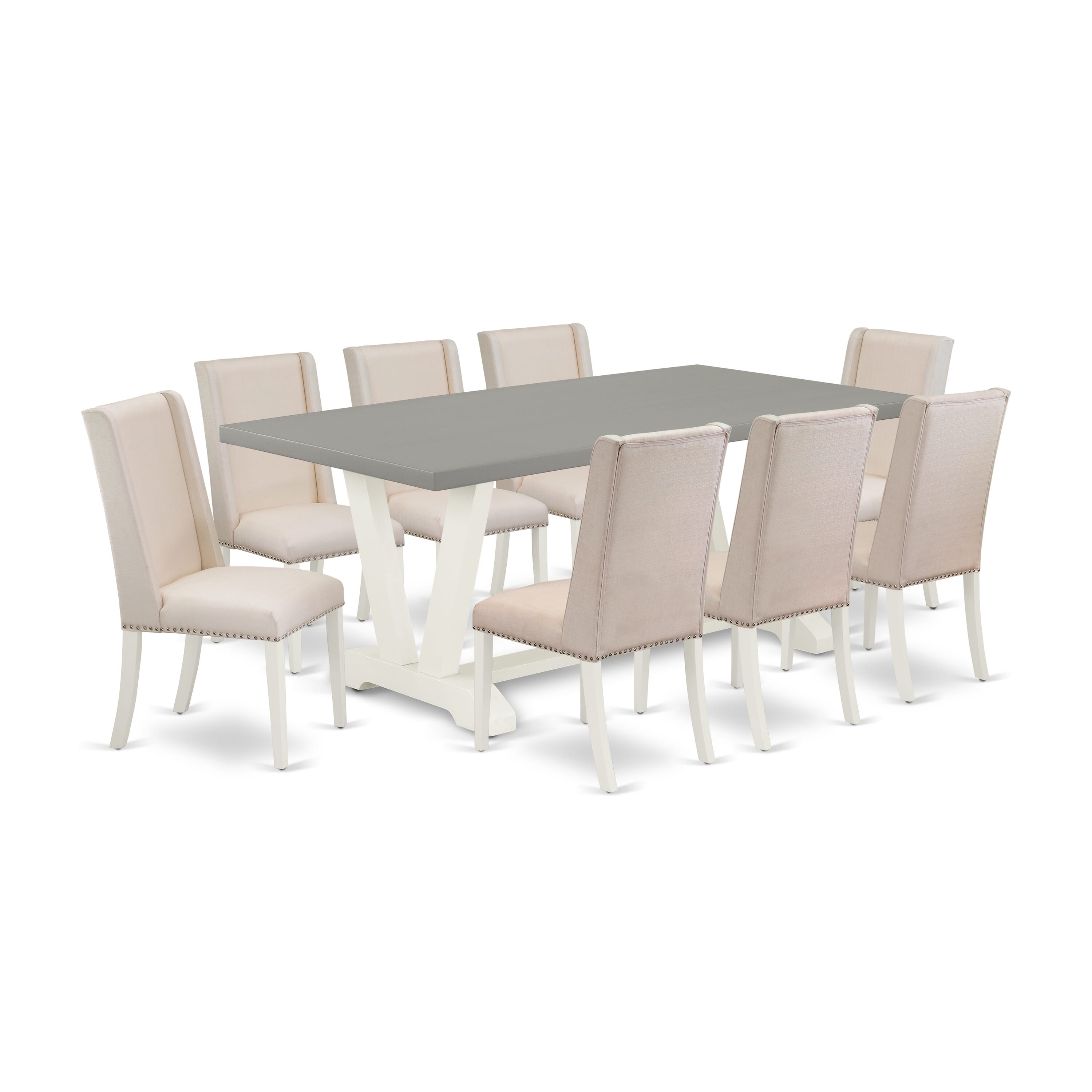 Transitionl V-Style 9-piece Wood Dining Set in Linen White / Cream / Cement