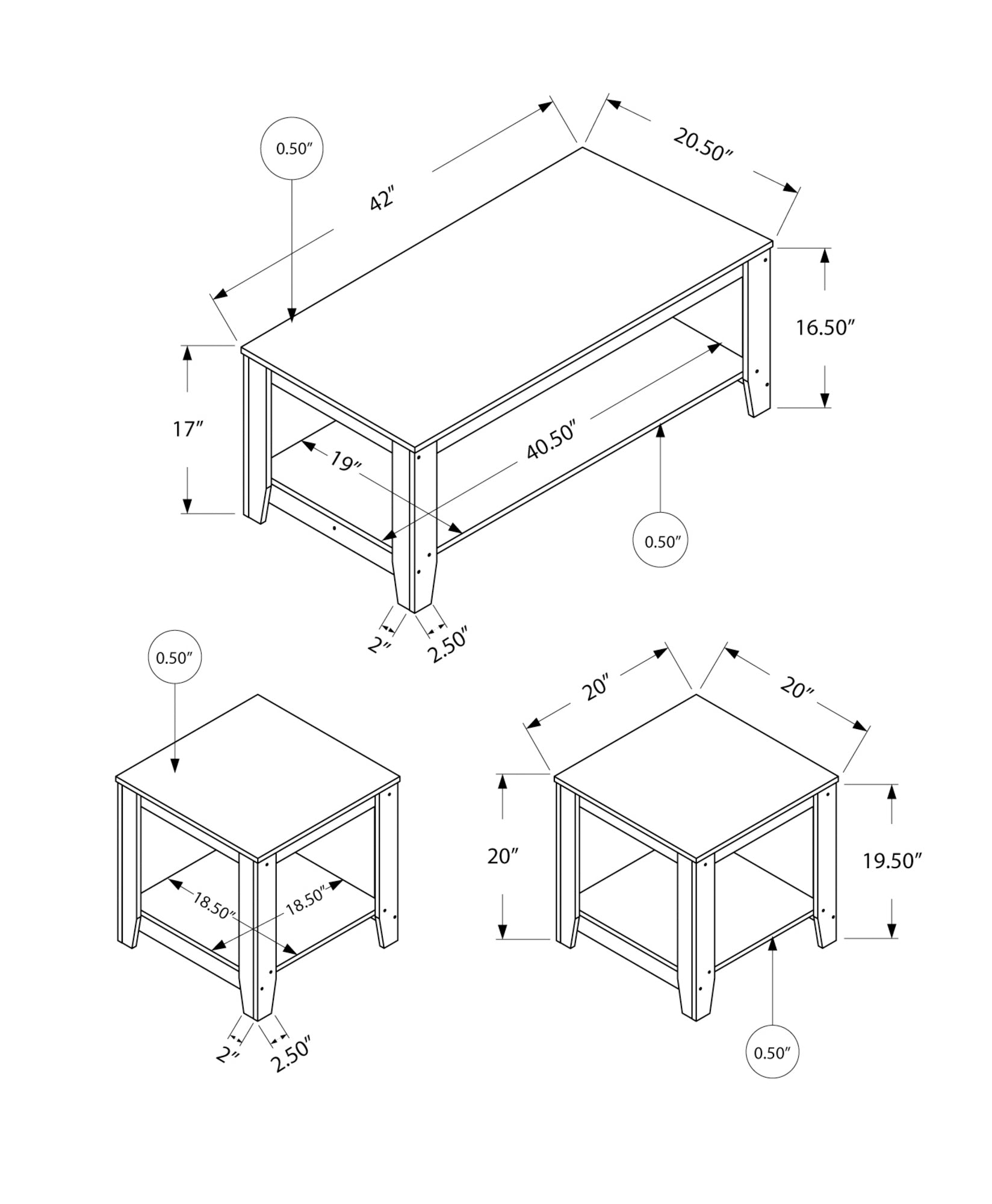 Transitional 3 PC Coffee End table Set with Shelf in Dark Taupe