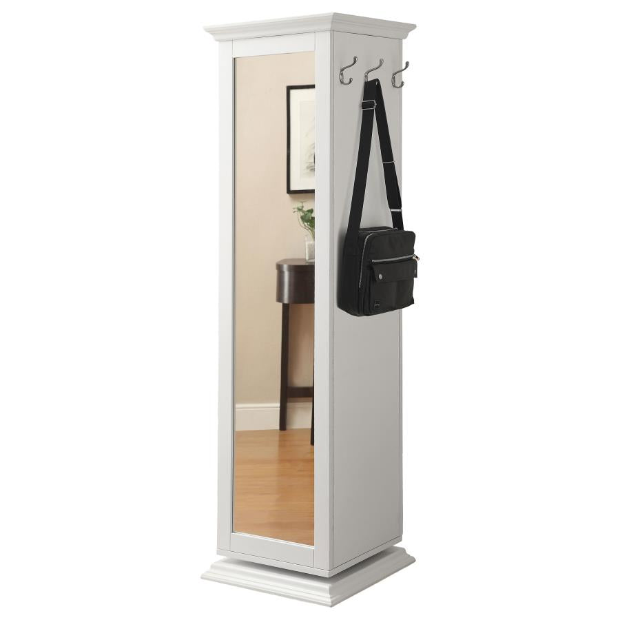 Swivel Accent Rotating Cabinet With Cork Board And Dressing Mirror Shelves White