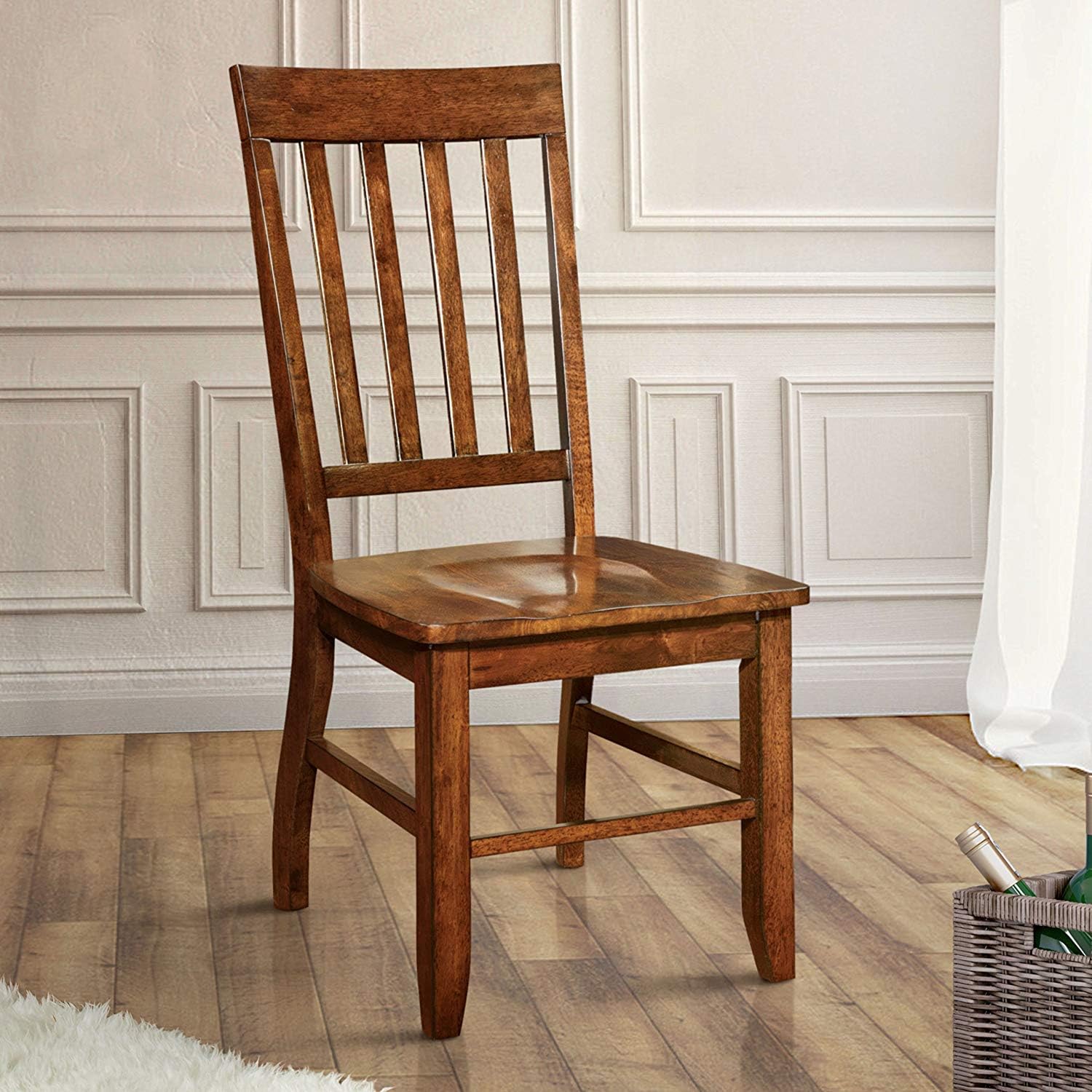 Castile Solid Wood Slatted Back Dining Chairs With Contoured Seat In Brown