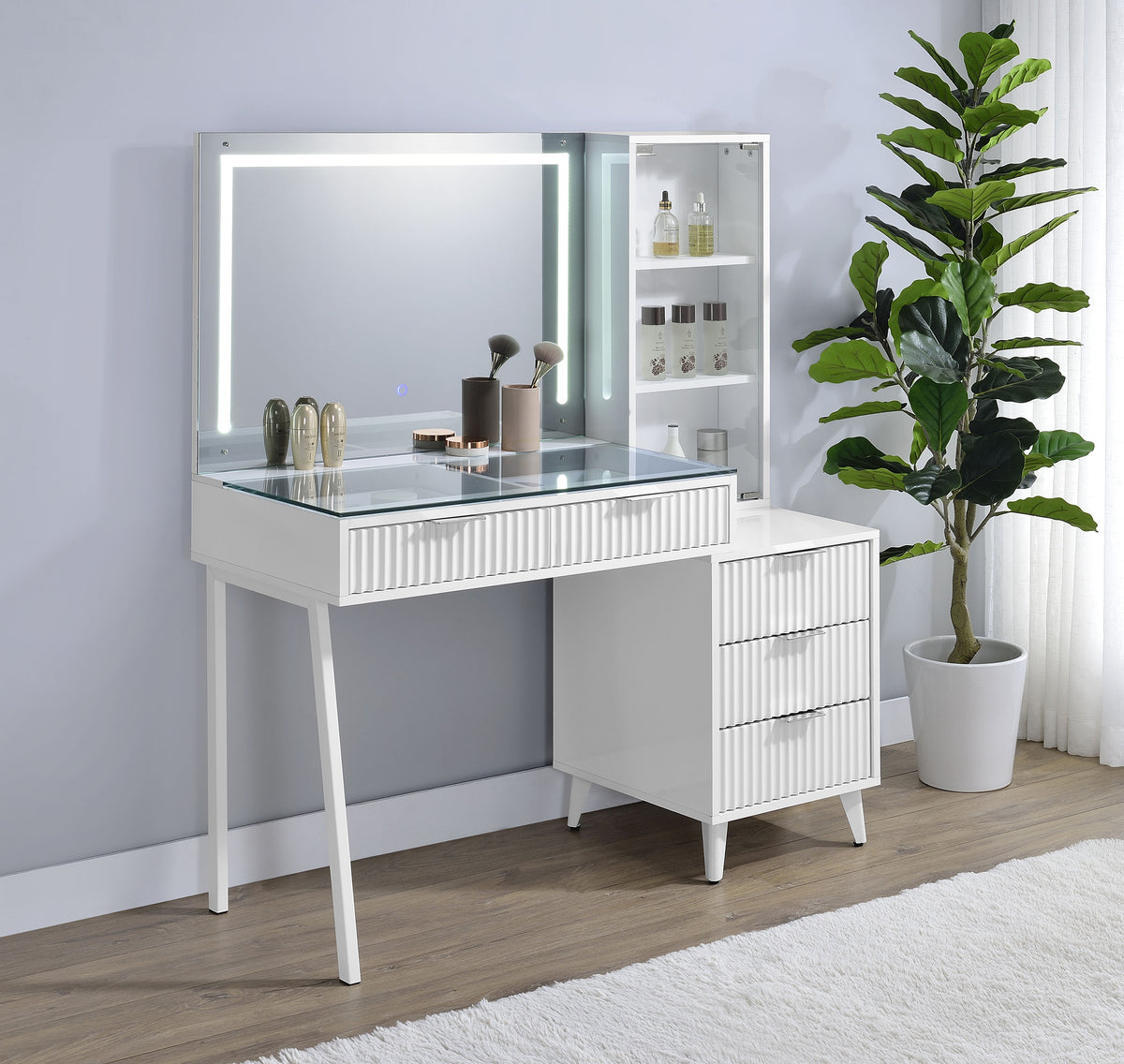 Souza 5-Drawer Makeup Vanity Table with LED Mirror White High Gloss