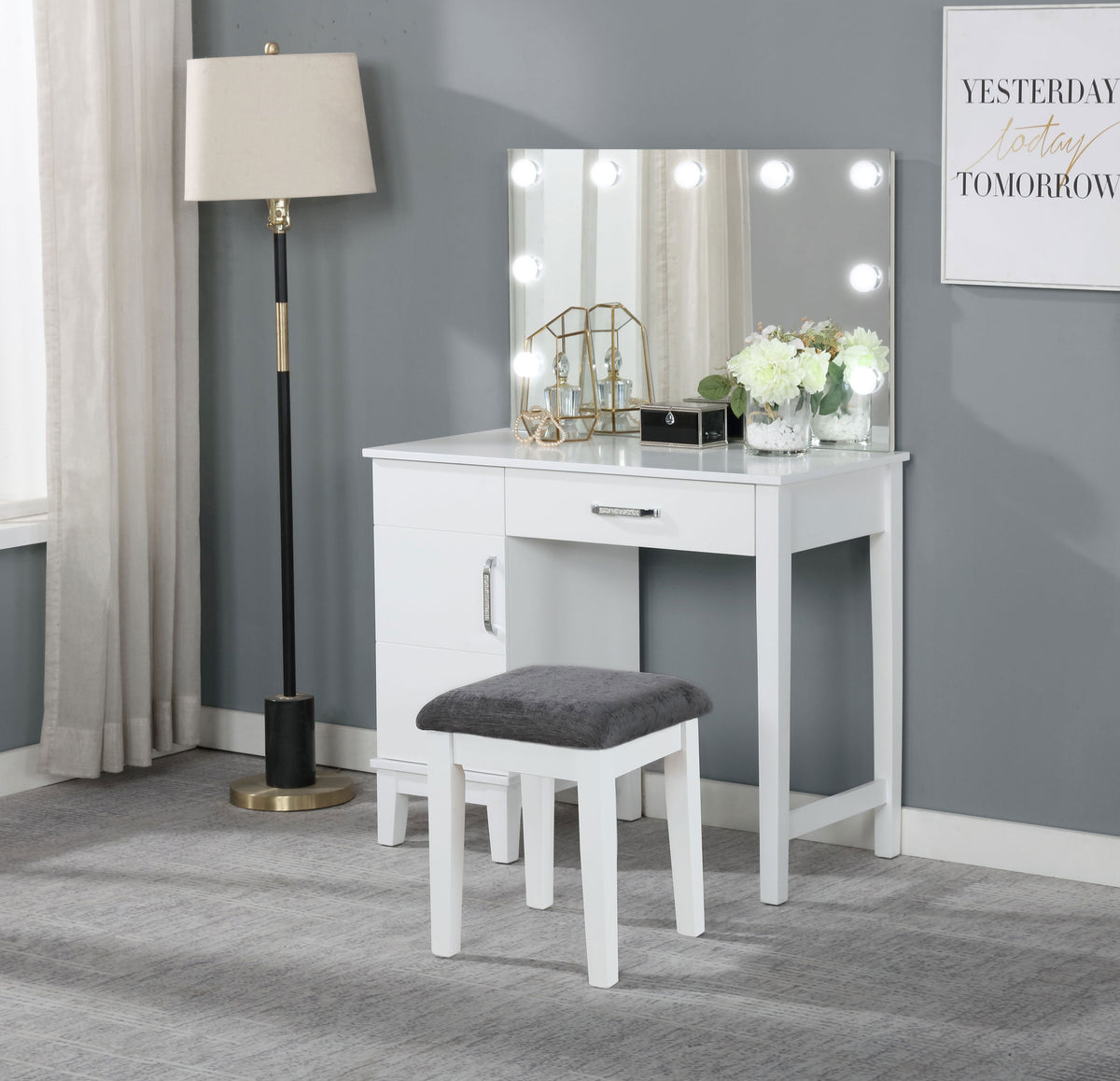 Elijah Vanity Set with Lighting and Stool White and Dark Grey