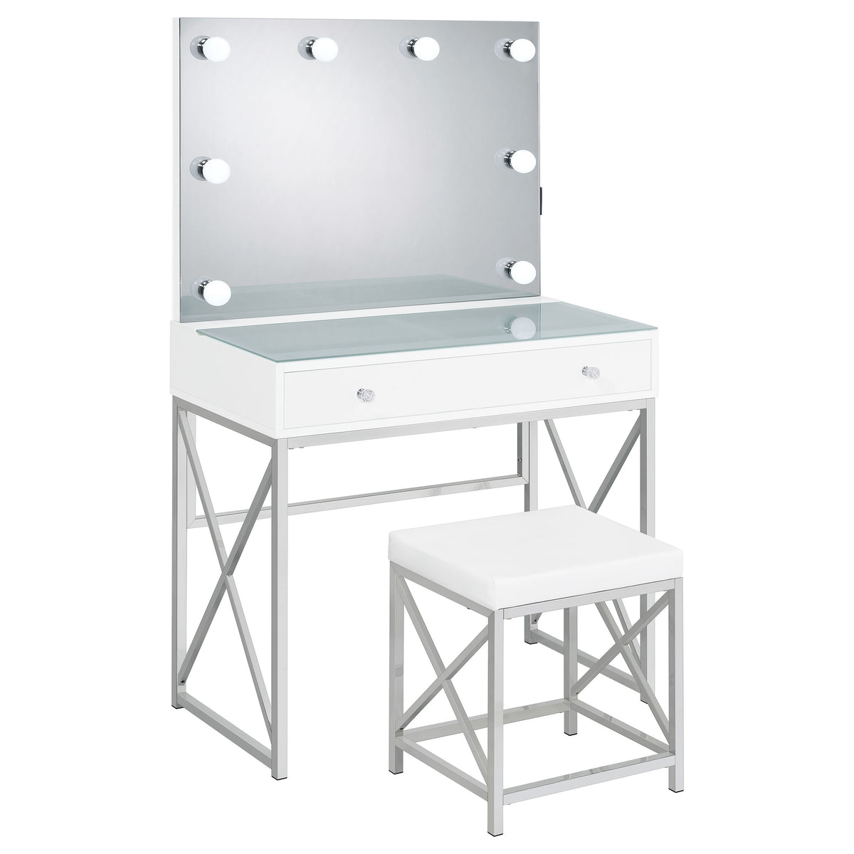Eliza Vanity Set with Lighting and Stool White and Chrome