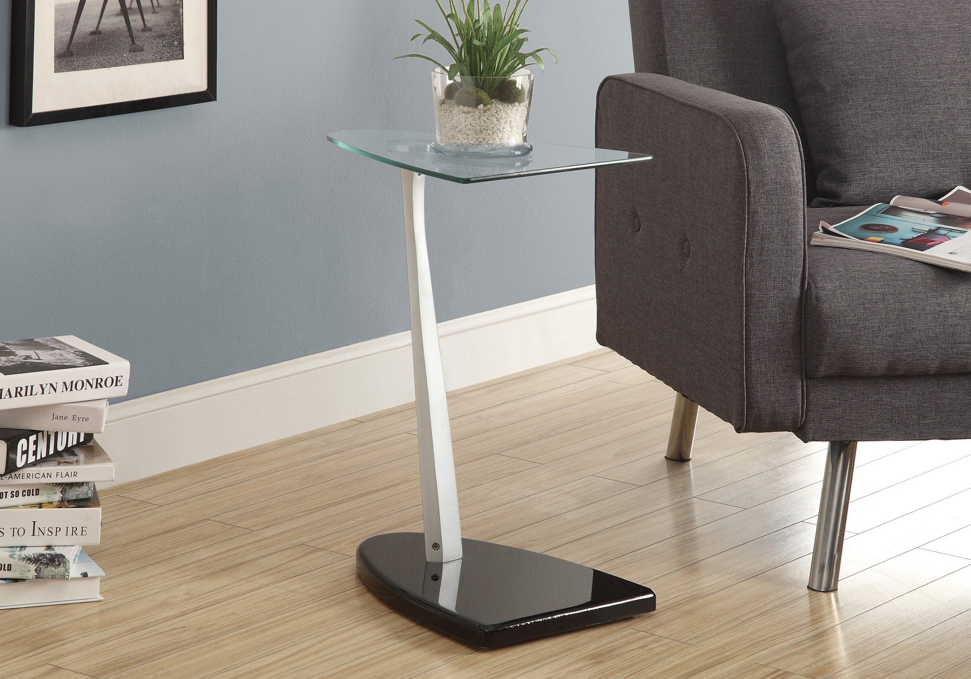 Accent Table Top with Tempered Glass In Glossy Black and Silver Finish