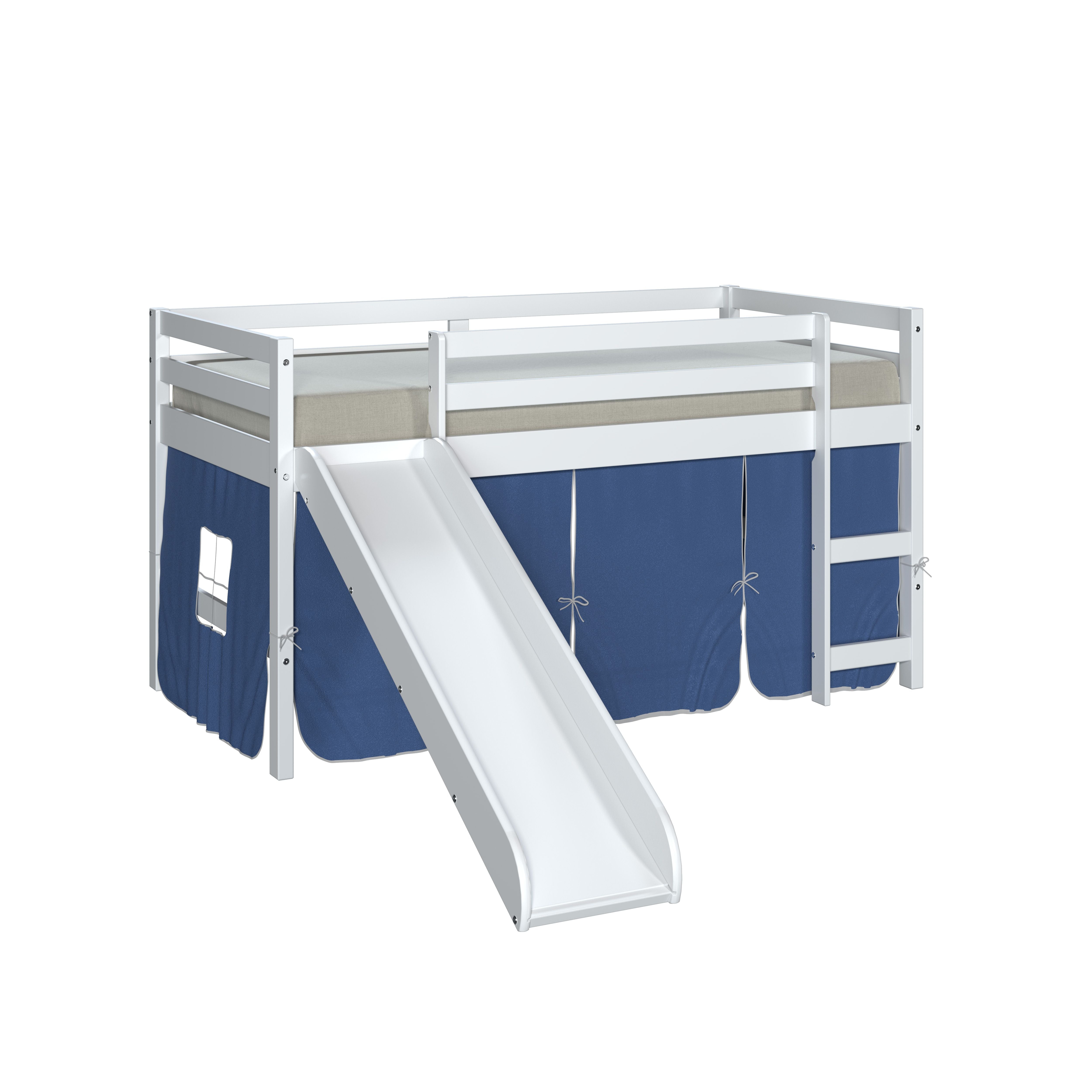 White Twin Junior Solid Pine Wood Loft Bed with Slide And Blue Tent