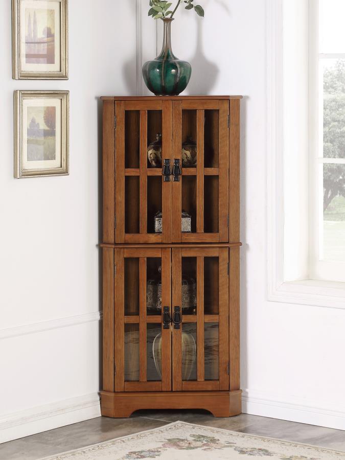 4 Shelf Traditional Corner Curio Cabinet in Warm Golden Brown