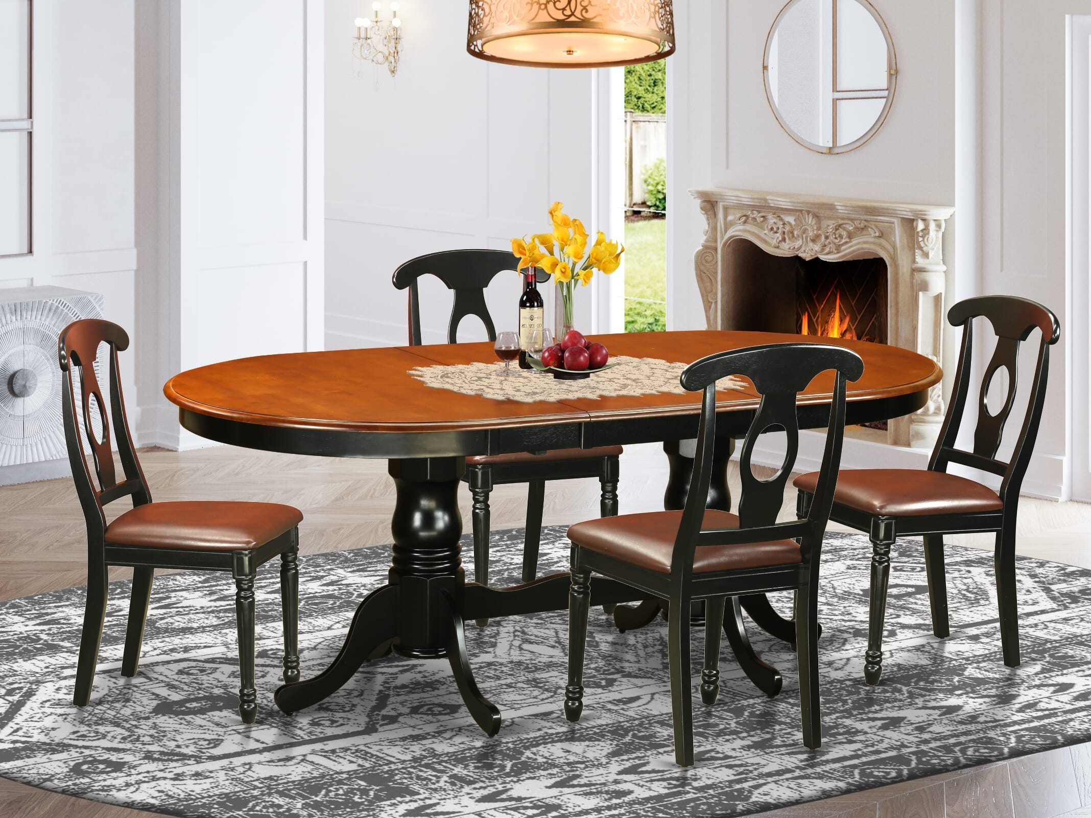 5 Pc Oval Dining room Table with Leaf and Leatherette Seat Chairs in Black / Cherry