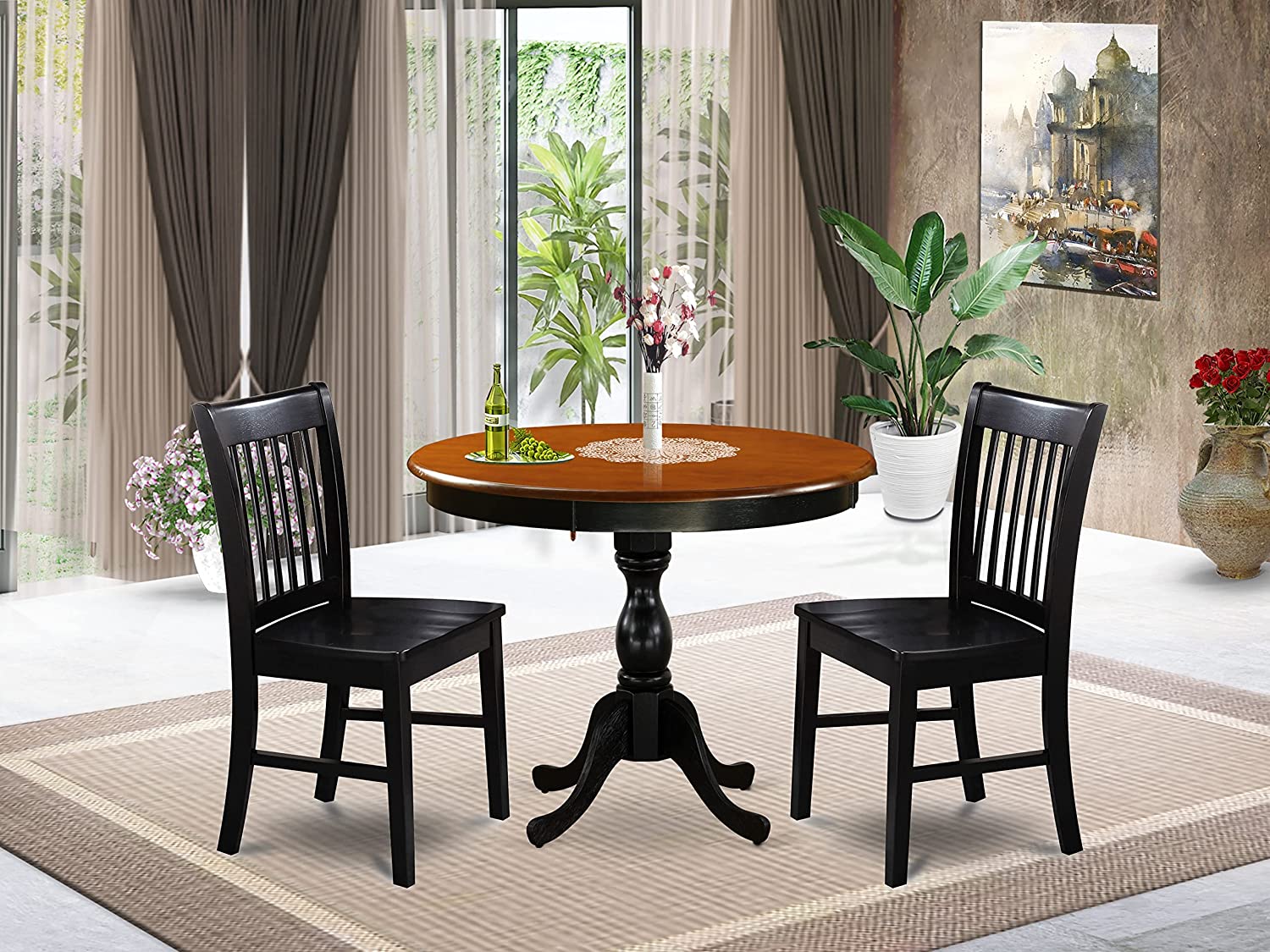 3 P Round 36" Dinette Kitchen Pedestal Dining Table and 2 Dining Chairs Black & Cherry