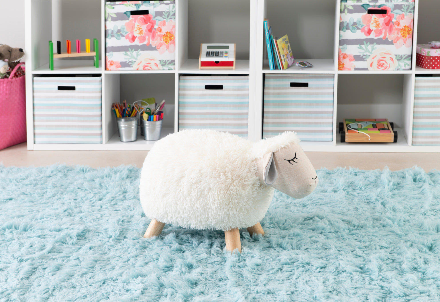 Powell Sydney Sheep Stool Faux Fur Natural and white