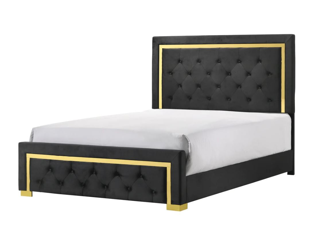 5 PC Queen Pepe Black and Gold Panel Upholstered Bedroom Set